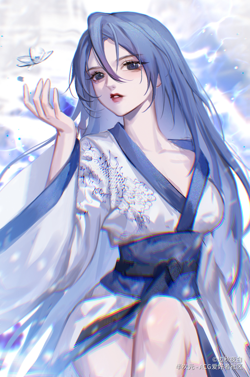 1girl, bare_legs, blue_hair, bug, butterfly, cang_yue_(tou_xing_jiuyue_tian), highres, insect, japanese_clothes, kimono, knee_up, long_hair, long_sleeves, neck, outstretched_hand, ribbon, sash, sitting, solo, tou_xing_jiuyue_tian, xifu_le_si_li_ke_man