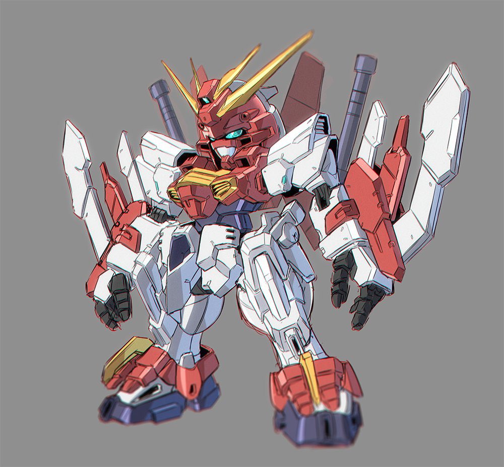 blazing_gundam, blue_eyes, chibi, grey_background, gundam, gundam_breaker_battlogue, kuramochi_kyouryuu, looking_ahead