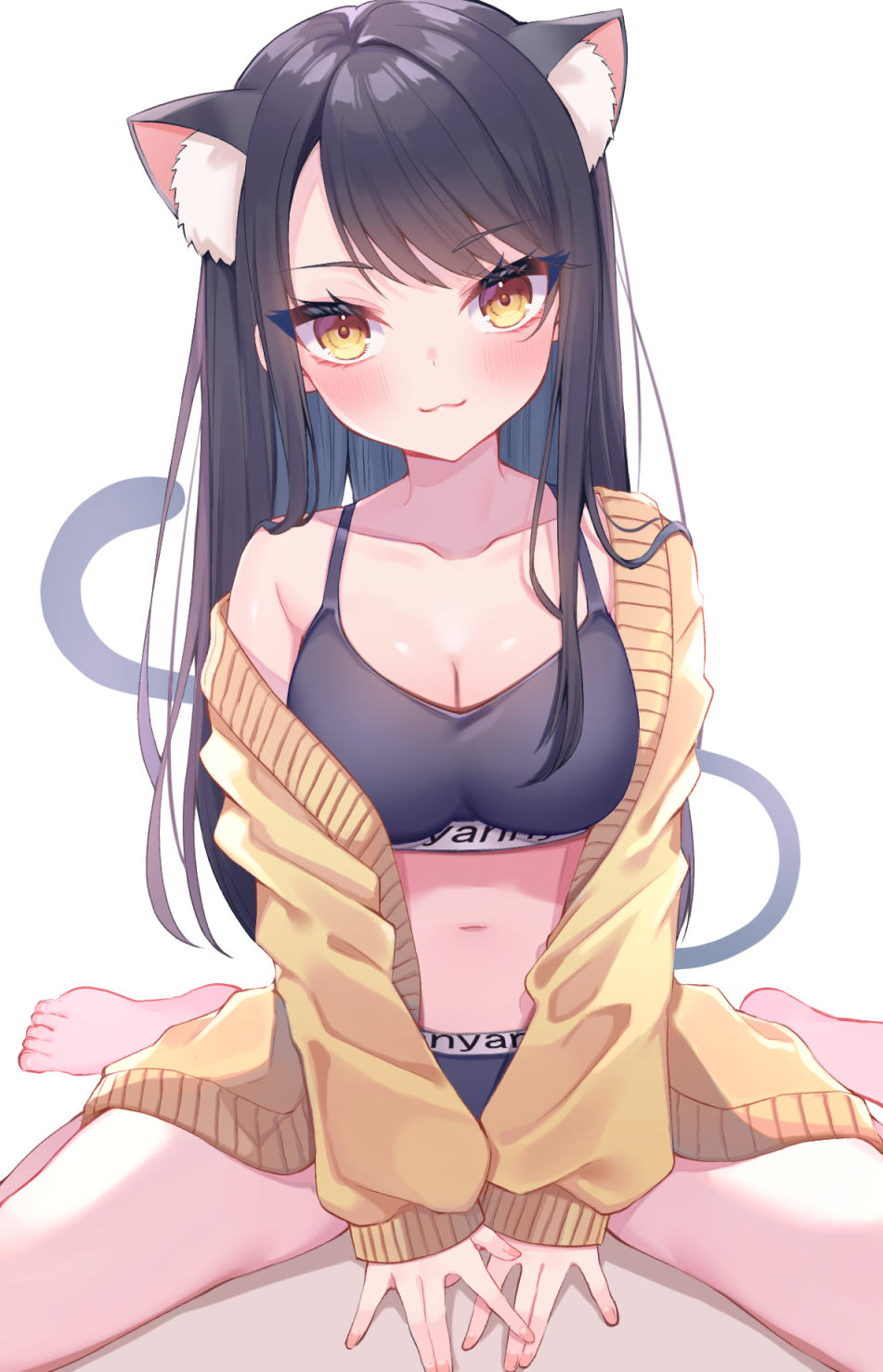 1girl, :3, animal_ears, bare_shoulders, between_legs, black_hair, black_shirt, breasts