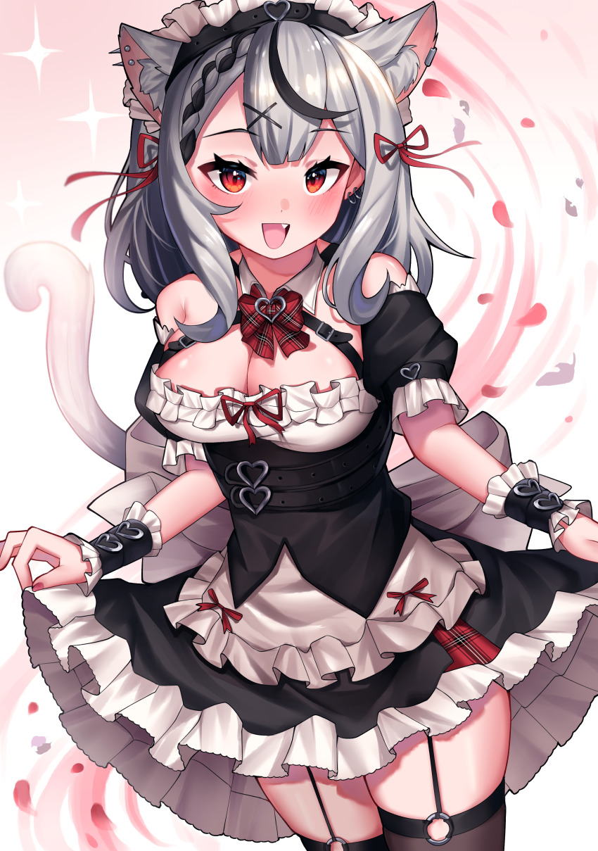 1girl, :d, absurdres, animal_ear_fluff, animal_ears, apron, bare_shoulders, belt