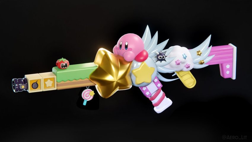 3d, aero_lit, apex_legends, assault_rifle, black_background, blender_(medium), crossover, cute_weapon, gordo, gun, kirby, kirby_(series), maxim_tomato, nintendo, no_humans, pun, r-301_carbine, rifle, star_(symbol), weapon, weapon_focus