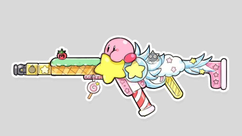 aero_lit, apex_legends, assault_rifle, commentary, crossover, cute_weapon, from_side, gordo, grey_background, gun, highres, kirby, kirby_(series), maxim_tomato, nintendo, no_humans, pun, r-301_carbine, rifle, sketch, star_(symbol), weapon, weapon_focus
