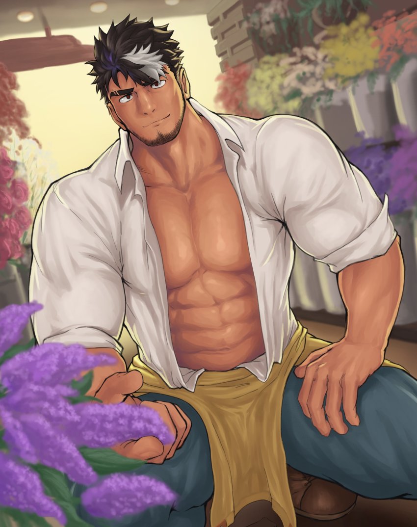 1boy, abs, absurdres, apron, bara, blouse, blue_pants, blurry