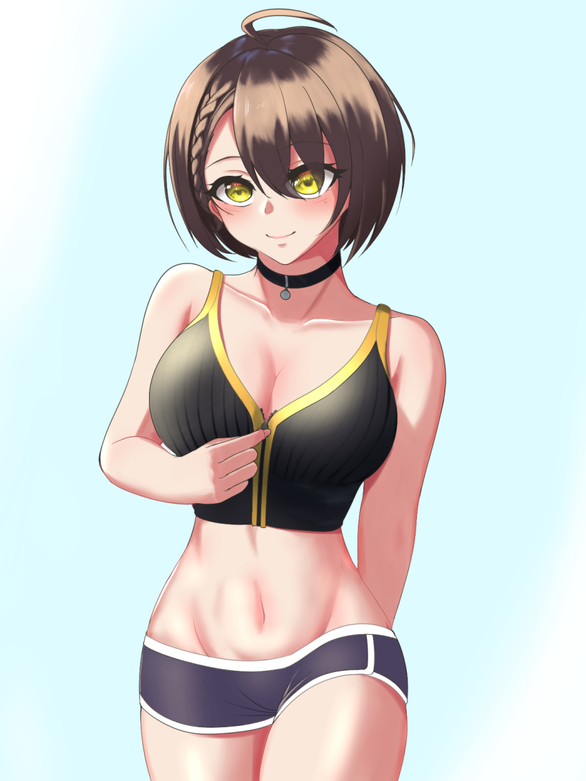 1girl, ahoge, arm_behind_back, azur_lane, baltimore_(azur_lane), bare_shoulders, black_choker, black_shorts, black_sports_bra, blue_background, braid, breasts, brown_hair, choker, cleavage, closed_mouth, collarbone, commentary_request, cowboy_shot, french_braid, groin, hair_between_eyes, highres, kakubou, large_breasts, midriff, navel, partial_commentary, short_hair, short_shorts, shorts, sidelocks, simple_background, smile, solo, sports_bra, standing, unzipping, yellow_eyes, zipper, zipper_pull_tab