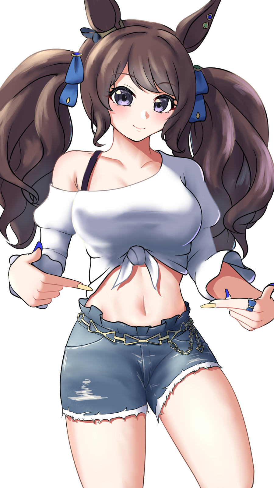 1girl, animal_ears, belt, blue_eyes, blue_nails, blue_ribbon, breasts, brown_hair