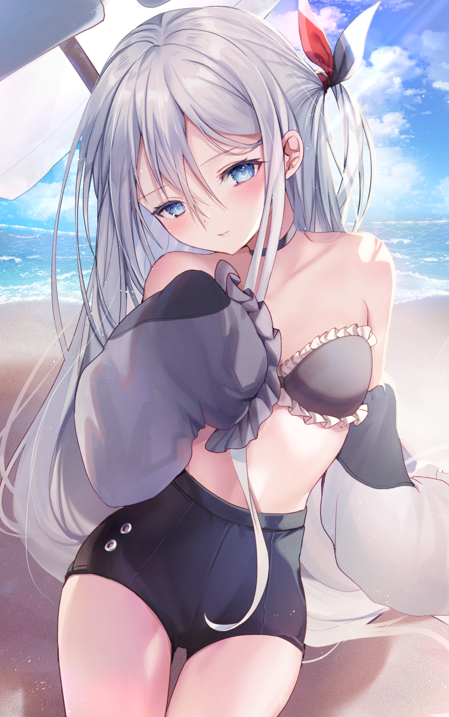 1girl, 25-ji_nightcord_de._(project_sekai), bare_shoulders, beach, beach_umbrella, bikini, black_bikini, black_choker