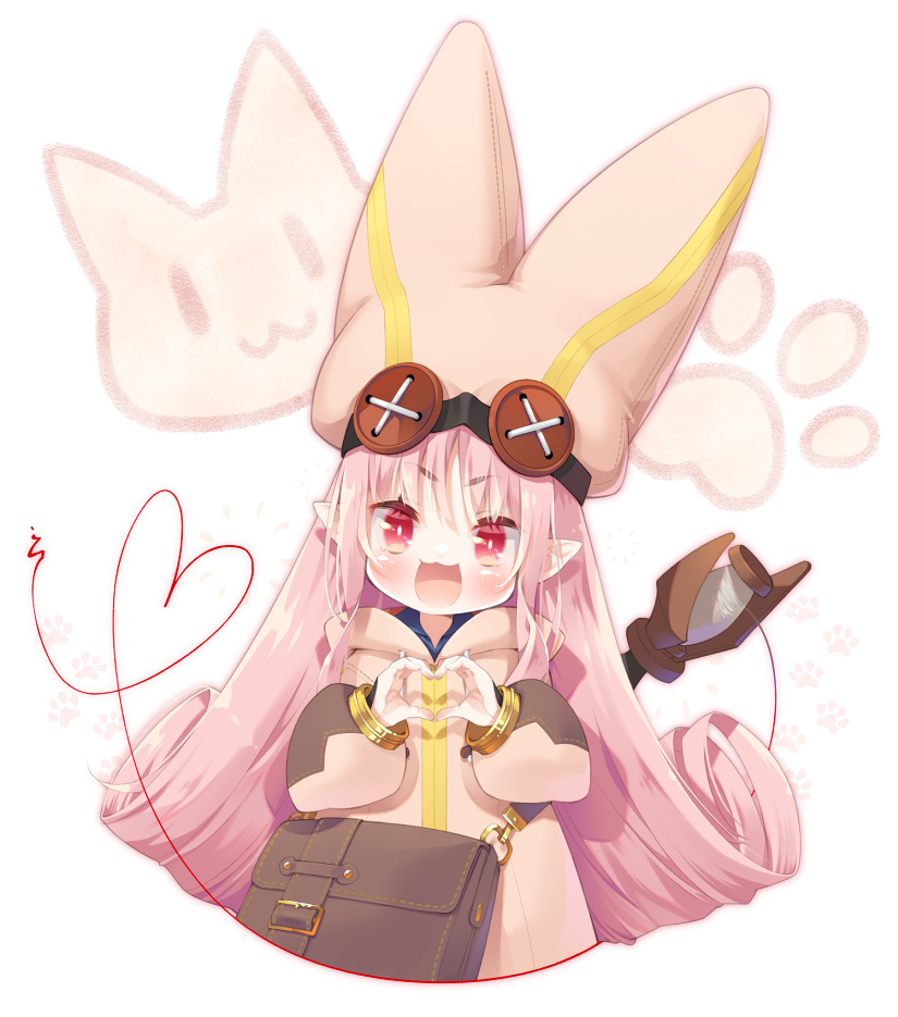 1girl, bag, chiyo_(195815), cropped_torso, fate/grand_order, fate_(series), habetrot_(fate), hat, heart, heart_hands, long_hair, paw_print, paw_print_background, pink_eyes, pink_hair, pointy_ears, satchel, spool