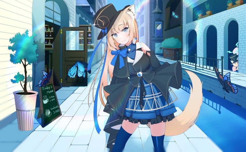 1girl, absurdres, animal_ear_fluff, animal_ears, blonde_hair, blue_dress, blue_eyes, blunt_bangs