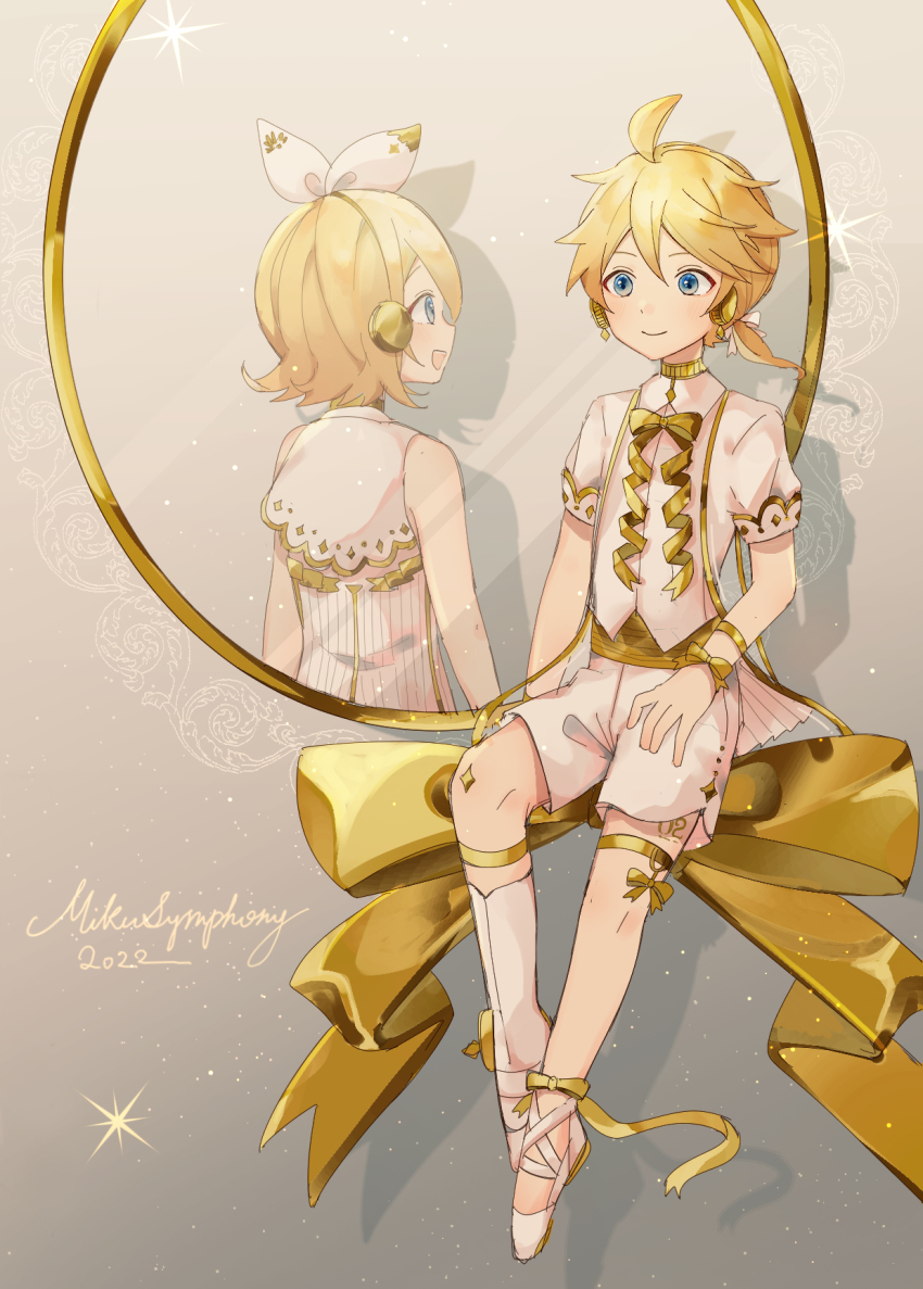 1boy, 1girl, 2022, ahoge, arm_ribbon, asymmetrical_footwear, ballet_slippers, blonde_hair