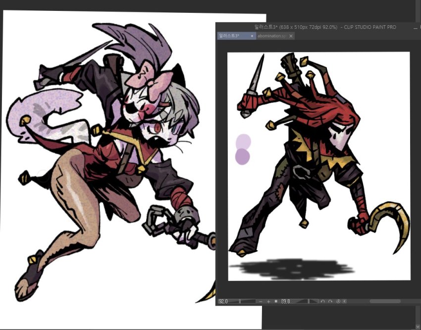 1girl, alternate_costume, animal_ears, animal_nose, arm_up, bell, black_footwear, black_gloves, black_sleeves, body_fur, bow, breasts, brown_pantyhose, cat_ears, cat_girl, cat_tail, chain, dagger, darkest_dungeon, derivative_work, detached_sleeves, dual_wielding, fang, fingerless_gloves, full_body, furry, furry_female, gloves, green_eyes, grey_hair, hair_bow, heterochromia, holding, holding_dagger, holding_knife, holding_scythe, holding_weapon, jester_(darkest_dungeon), jingle_bell, jumping, knife, korean_text, leotard, mask, mask_on_head, medium_hair, multiple_weapons, official_art_inset, open_mouth, original, pantyhose, pink_bow, ponytail, red_eyes, red_leotard, reverse_grip, scythe, shiny_clothes, shoes, sidelocks, simple_background, slit_pupils, small_breasts, sona_(yuio58ok), strapless, strapless_leotard, tail, translation_request, v-shaped_eyebrows, weapon, whiskers, white_background, white_fur, yuio58ok