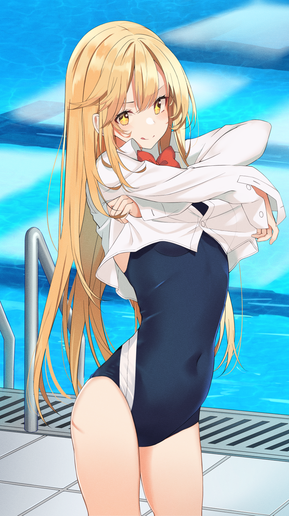 +_+, 1girl, alternate_breast_size, black_one-piece_swimsuit, blonde_hair, bow, bowtie, chroemaguro, competition_swimsuit, cowboy_shot, highres, long_hair, long_sleeves, matching_hair/eyes, one-piece_swimsuit, poolside, red_bow, red_bowtie, school_swimsuit, shirt, shokuhou_misaki, solo, standing, swimsuit, swimsuit_under_clothes, toaru_kagaku_no_mental_out, toaru_kagaku_no_railgun, toaru_majutsu_no_index, tokiwadai_school_swimsuit, white_shirt, yellow_eyes