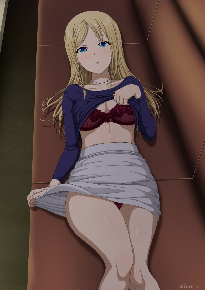 1girl, blonde_hair, blue_eyes, bra, braid, breasts, clothes_lift, collarbone