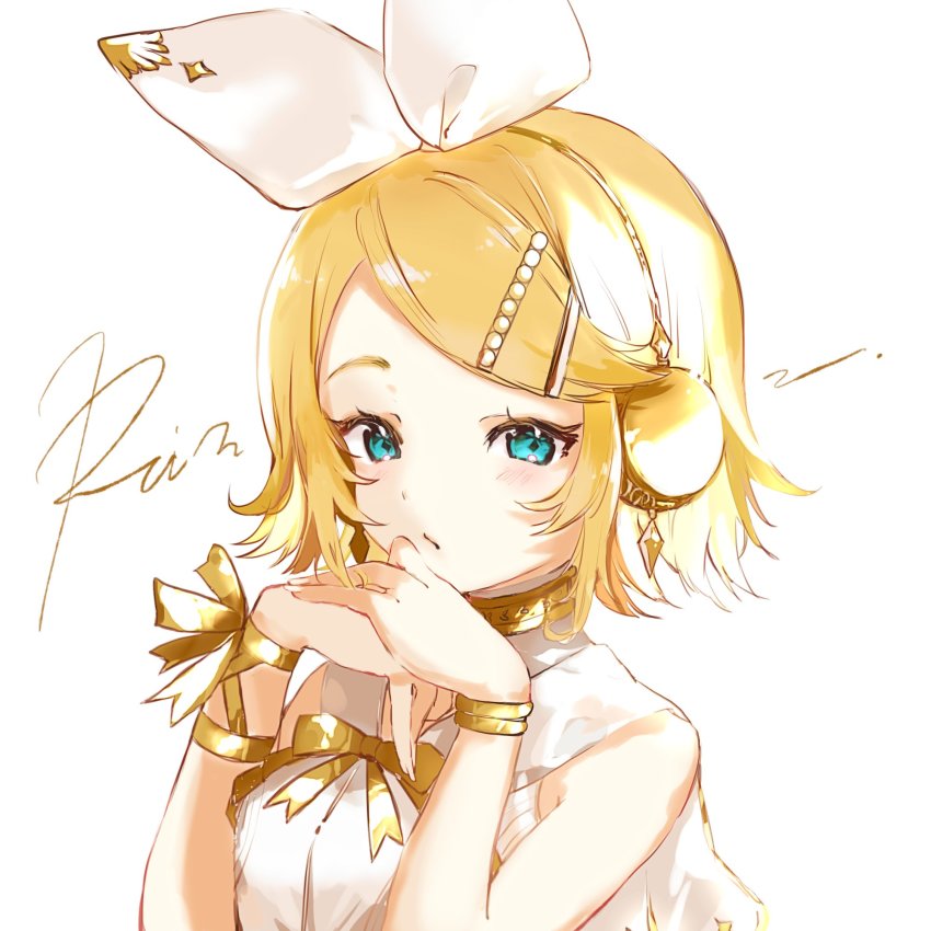 1girl, aqua_eyes, bare_shoulders, blonde_hair, blush, bow, breasts, character_name