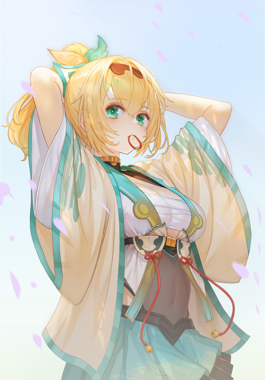 1girl, alternate_breast_size, arms_behind_head, arms_up, bad_id, bad_pixiv_id, bandages, black_hairband