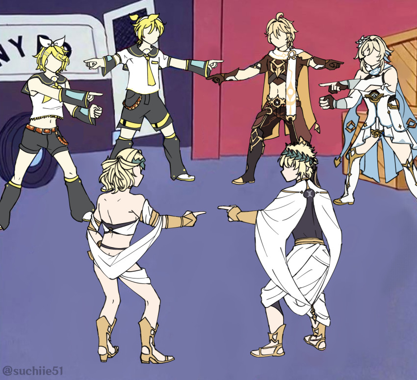 3boys, 3girls, absurdres, aether_(genshin_impact), artist_name, bare_shoulders, blonde_hair, boots