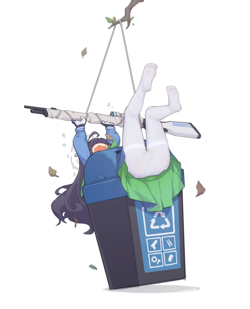 1girl, absurdres, arrow_(symbol), ass, black_hair, blue_archive, bolt_action, branch, falling_leaves, female_focus, flying_sweatdrops, full_body, gun, gun_sling, highres, leaf, legs_up, long_hair, miniskirt, miyu_(blue_archive), mosin-nagant, no_shoes, panties, panties_under_pantyhose, pantyhose, pu_shu, recycle_bin, recycling_symbol, rifle, school_uniform, serafuku, simple_background, skirt, sniper_rifle, solo, stuck, thighband_pantyhose, trash_can, underwear, upskirt, wavy_mouth, weapon, white_background, white_pantyhose