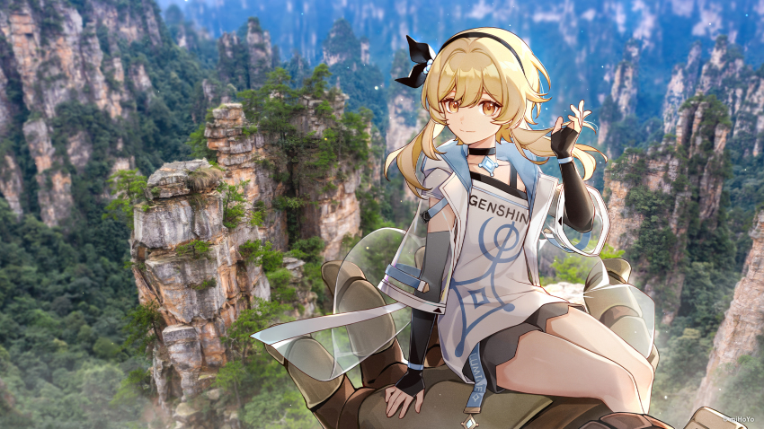 1girl, black_gloves, black_hairband, black_shorts, blonde_hair, choker, fingerless_gloves, genshin_impact