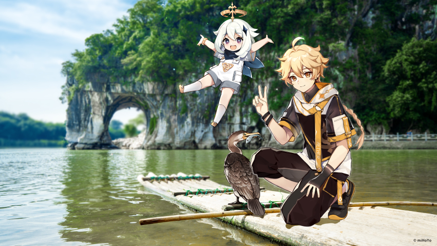 1boy, 1girl, aether_(genshin_impact), aether_(guilin)_(genshin_impact), bird, blonde_hair, blue_eyes, bracelet, braid, earrings, genshin_impact, gloves, halo, highres, jewelry, mechanical_halo, official_alternate_costume, official_art, paimon_(genshin_impact), paimon_(guilin)_(genshin_impact), shirt, short_sleeves, single_braid, single_glove, smile, v, white_hair, white_shirt, yellow_eyes