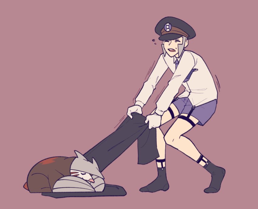 1boy, black_headwear, black_legwear, blue_necktie, boxers, closed_eyes, collared_shirt, dress_shirt, dressing, excadrill, frown, full_body, gen_5_pokemon, gloves, grey_hair, hat, highres, ingo_(pokemon), legwear_garter, long_sleeves, male_underwear, necktie, nintendo, open_mouth, peaked_cap, pink_background, pokemon, pokemon_(creature), pokemon_black_and_white, pulling, shirt, shirt_garters, sideburns, simple_background, sleeping, socks, submashell, sweatdrop, underwear, white_gloves, white_shirt