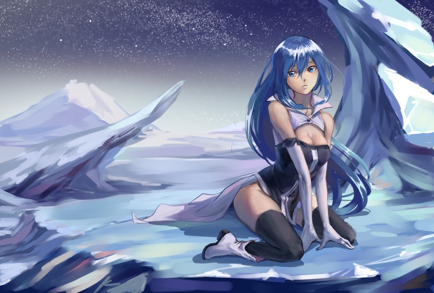 1girl, blue_eyes, blue_hair, cang_yue_(tou_xing_jiuyue_tian), gloves, highres, ice, long_hair