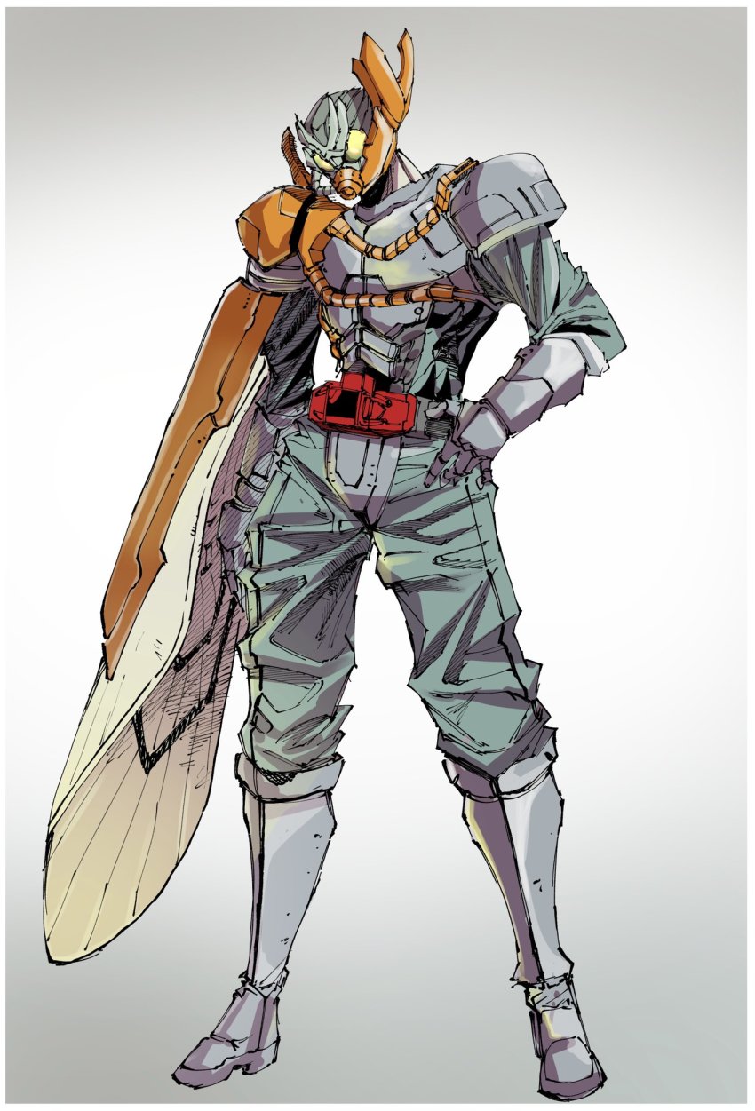 1boy, armor, asymmetrical_armor, beetle, bodysuit, boots, bug, cape, compound_eyes, cowboy_shot, rider_belt, gas_mask, gloves, green_bodysuit, highres, horns, ichitaka_(1015ichitaka), insect, insect_wings, kamen_rider, kamen_rider_revice, kamen_rider_vail, male_focus, mask, military, military_uniform, orange_horns, side_cape, silver_footwear, silver_gloves, single_horn, single_wing, stylistic, wings