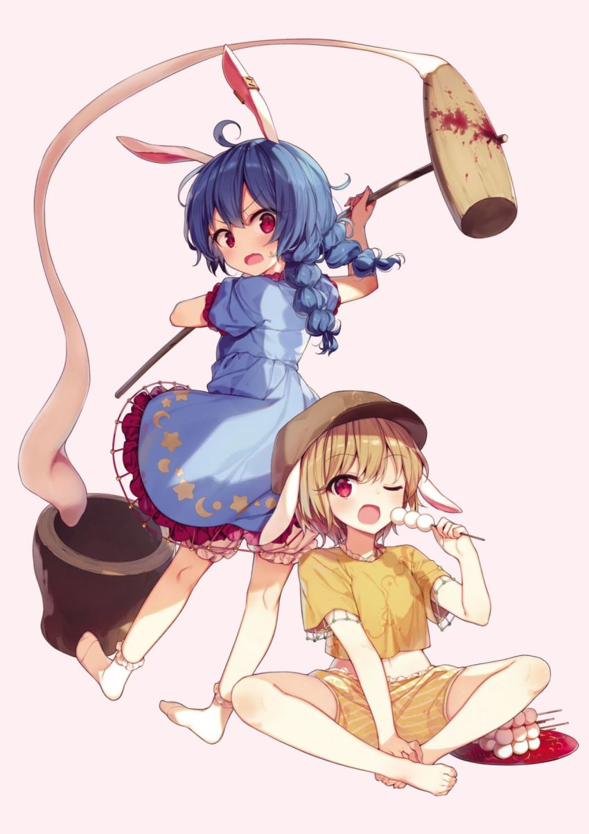 2girls, ahoge, animal_ears, annoyed, arms_up, barefoot, blonde_hair, bloomers, blue_dress, blue_hair, blush, bowl, braid, breasts, brown_headwear, crescent, crescent_print, dango, dress, eyes_visible_through_hair, flying, food, frills, from_behind, hair_between_eyes, hammer, hand_up, hands_up, hat, highres, looking_at_another, looking_back, looking_down, looking_to_the_side, medium_breasts, medium_hair, mochi, mochitsuki, multiple_girls, no_shoes, official_art, one_eye_closed, open_mouth, orange_shorts, pink_background, plate, puffy_short_sleeves, puffy_sleeves, rabbit_ears, red_eyes, ringo_(touhou), seiran_(touhou), shirt, shnva, short_hair, short_sleeves, shorts, simple_background, sitting, smile, socks, star_(symbol), star_print, strange_creators_of_outer_world, striped_clothes, striped_shorts, sweatdrop, t-shirt, third-party_source, tongue, touhou, twin_braids, underwear, wagashi, weapon, white_legwear, yellow_shirt