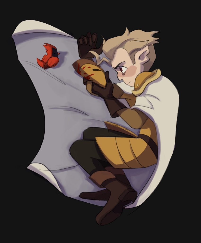 1boy, absurdres, armor, bird, black_background, blonde_hair, blood, boots