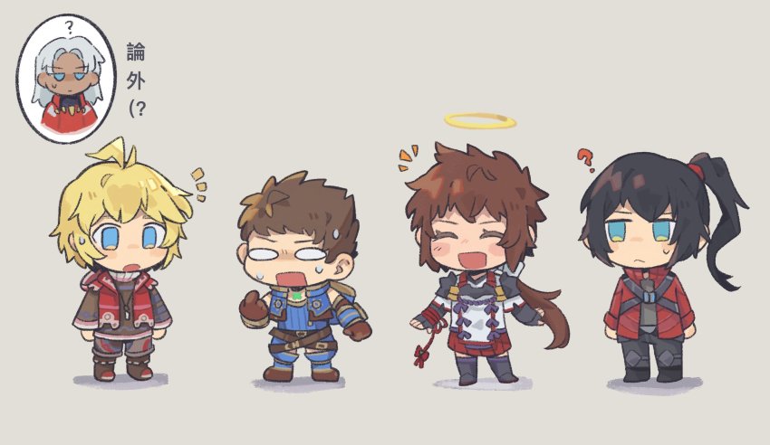 2girls, 3boys, :d, ahoge, black_hair, blonde_hair, chibi, closed_mouth