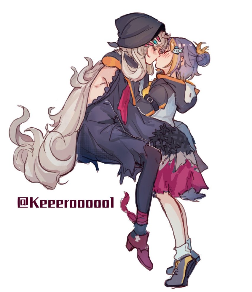 2girls, animal_hood, arm_belt, backless_outfit, black_headwear, black_legwear, blonde_hair, blush, chinese_commentary, commentary_request, fish_hair_ornament, from_side, full_body, hair_bun, hair_ornament, highres, hood, invisible_chair, kiss, long_hair, long_sleeves, multicolored_hair, multiple_girls, nijisanji, nijisanji_en, orange_hair, pantyhose, petra_gurin, petra_gurin_(1st_costume), profile, purple_hair, reimu_endou, reimu_endou_(1st_costume), short_hair, single_hair_bun, sitting, sleeves_past_fingers, sleeves_past_wrists, tiptoes, twitter_username, two-tone_hair, very_long_hair, virtual_youtuber, wavy_hair, wide_sleeves, xiongbingbisata, yuri