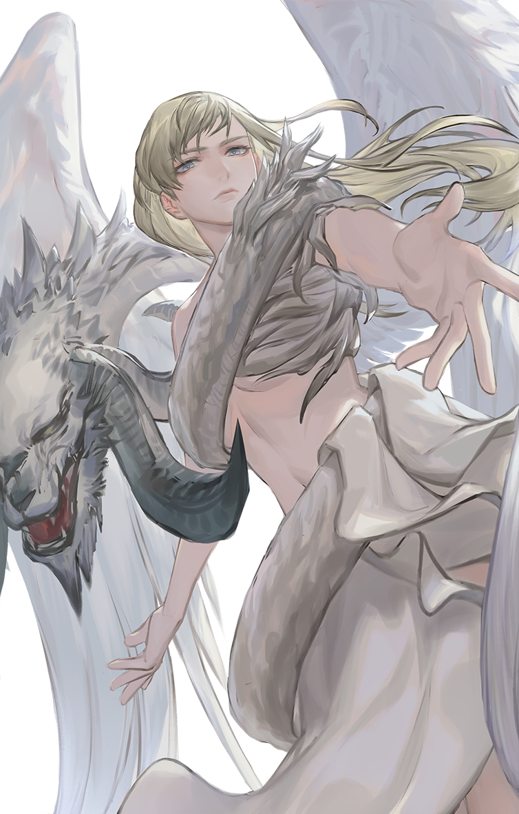 1girl, angel_wings, blonde_hair, blue_eyes, dragon, dutch_angle, feathered_wings, final_fantasy