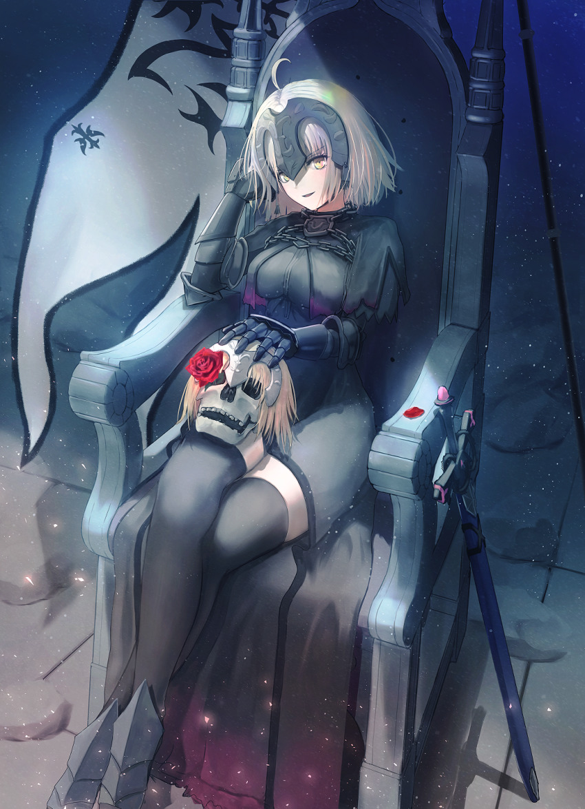 1girl, :d, ahoge, aomaru_(shta-chu-jisuiai), armored_boots, black_capelet, black_dress, black_thighhighs