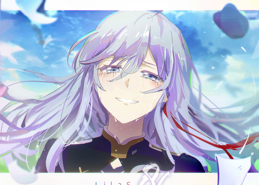 1girl, 86_-eightysix-, blue_eyes, border, crying, crying_with_eyes_open, floating_hair, grin