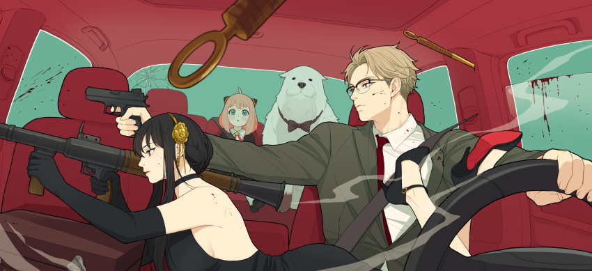1girl, 2girls, anya_(spy_x_family), black_choker, black_dress, black_hair, blonde_hair, blood, blood_on_face, blue_eyes, bond_(spy_x_family), breasts, car_interior, child, choker, dog, dress, finger_on_trigger, formal_clothes, glasses, green_eyes, gun, hairband, high_heels, highres, holding, holding_gun, holding_weapon, large_breasts, long_hair, multiple_girls, necktie, pink_hair, red_eyes, red_necktie, rocket_launcher, rpg, rpg-7, rpg_(weapon), sleeveless, sleeveless_dress, spy_x_family, suit, twilight_(spy_x_family), twoframe, weapon, yor_briar