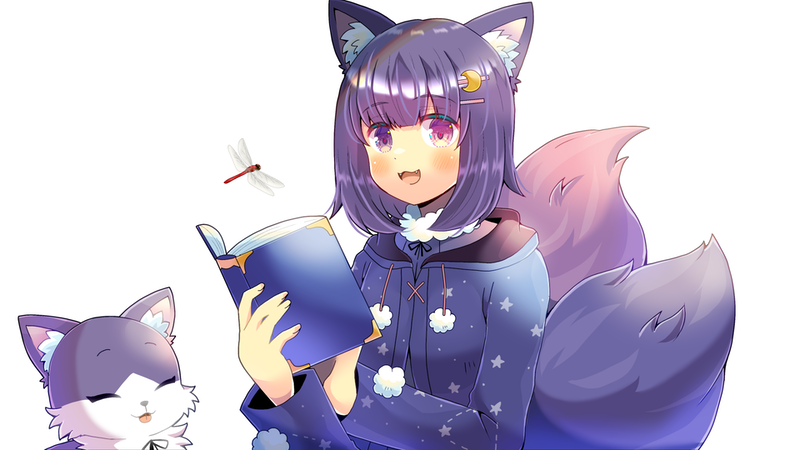 1girl, animal_ears, book, bug, commission, crescent, crescent_hair_ornament, crescent_moon, dragonfly, fox, fox_ears, fox_girl, fox_tail, hair_ornament, insect, kathykatz, kou_hiyoyo, looking_at_viewer, moon, multiple_tails, purple_eyes, purple_hair, skeb_commission, sky, solo, tail, virsing, virtual_youtuber, white_background
