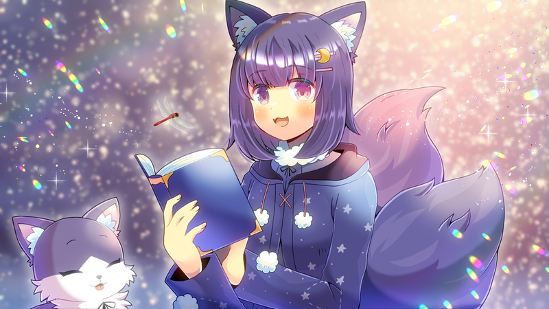 1girl, animal_ears, book, bug, commission, crescent, crescent_hair_ornament, crescent_moon