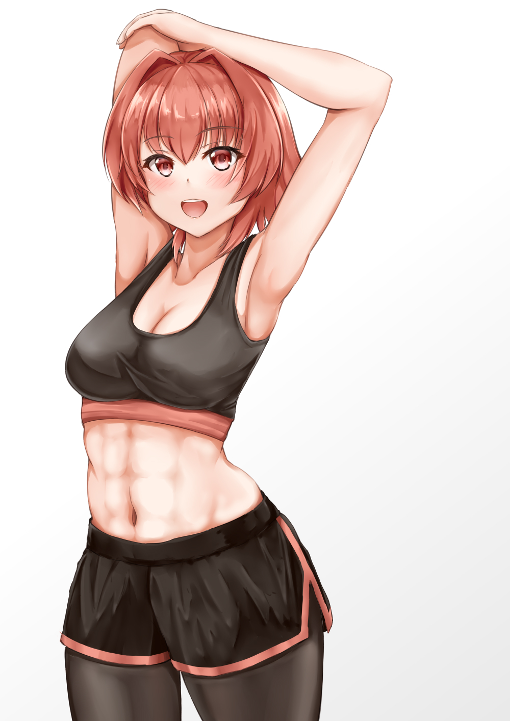 1girl, abs, armpits, bare_arms, bare_shoulders, black_shorts, blush, breasts, cleavage, dolphin_shorts, highres, kantai_collection, kinu_(kancolle), koru_pera, pantyhose_under_shorts, medium_breasts, midriff, navel, open_mouth, pantyhose, red_eyes, red_hair, short_hair, shorts, smile, solo, sports_bra, sportswear, stretching, toned