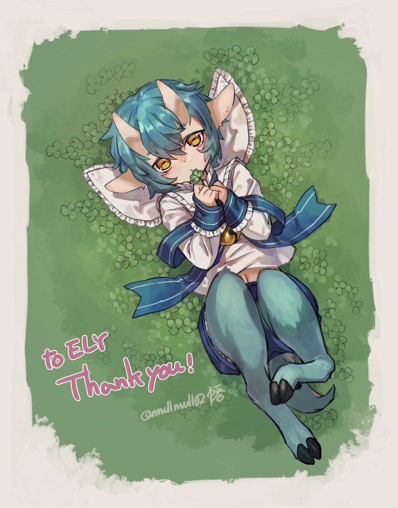 1boy, animal_ears, blue_fur, blue_hair, blue_shorts, bluebell_(ely), clover, commission