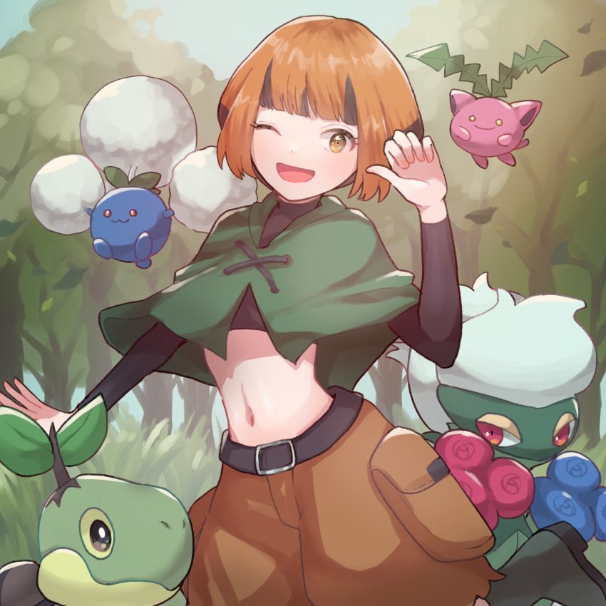 belt, black_belt, black_hair, boots, chomo_(engawaparty), gardenia_(pokemon), gen_2_pokemon, gen_4_pokemon, green_footwear, highres, hoppip, jumpluff, multicolored_hair, nintendo, one_eye_closed, open_mouth, orange_eyes, orange_hair, pokemon, pokemon_(creature), pokemon_diamond/pearl/platinum, poncho, roserade, shorts, smile, turtwig, two-tone_hair, yellow_eyes