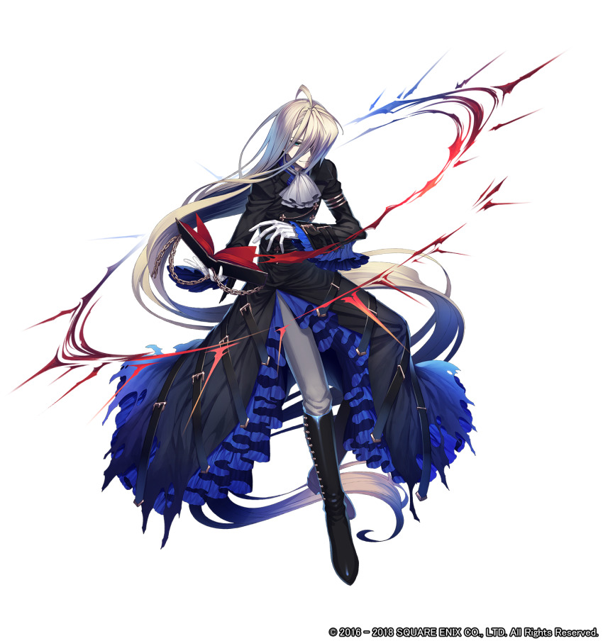 1boy, absurdly_long_hair, ascot, blue_eyes, book, chain, copyright_notice, energy, frills, full_body, gloves, grey_hair, grimms_notes, hair_over_one_eye, highres, long_hair, male_focus, nanokak, official_art, shadow_romeo, simple_background, solo, very_long_hair, weapon, white_background