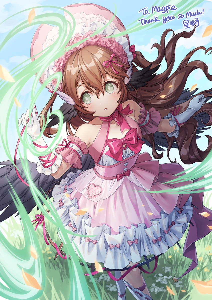 1girl, animal_ears, bird_ears, bird_wings, blue_sky, bonnet, bow, bowtie