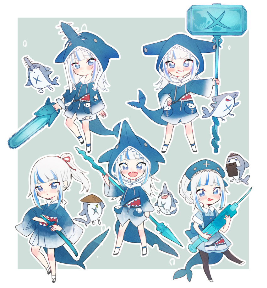 5girls, absurdres, bloop_(gawr_gura), blue_eyes, blue_hair, blue_hoodie, blunt_bangs, blush