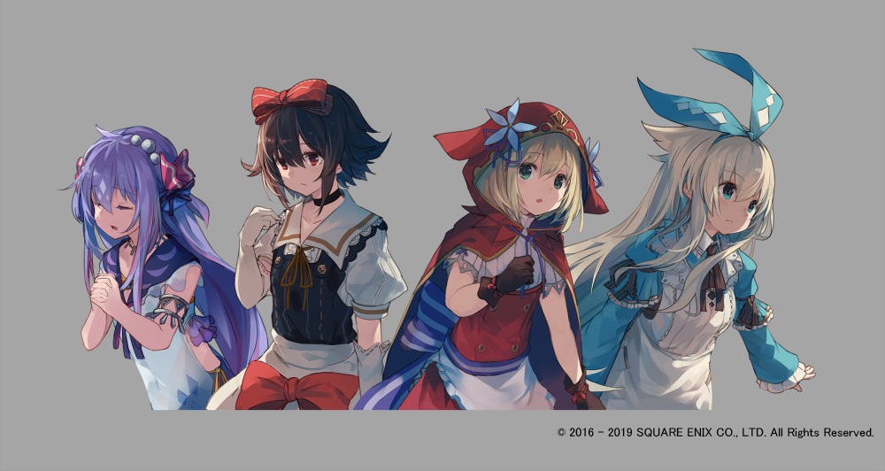 4girls, alice_(grimms_notes), apron, black_hair, blonde_hair, blue_eyes, closed_eyes, copyright_notice