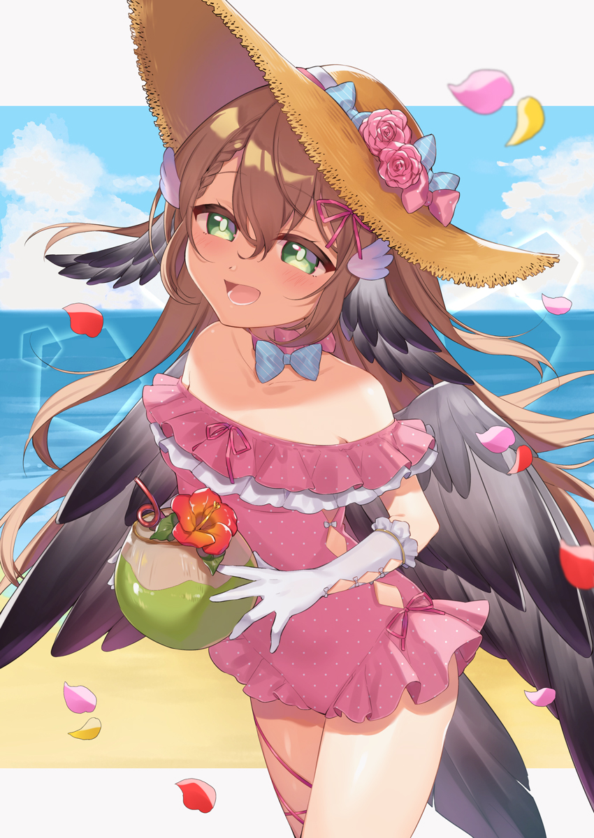 1girl, :d, animal_ears, beach, bird_ears, bird_tail, bird_wings, blue_bow, blue_sky, blush, bow, choker, coconut, commentary, commission, cowboy_shot, day, drinking_straw, english_commentary, flower, fruit_as_cup, gloves, green_eyes, hat, hat_flower, highres, holding, indie_virtual_youtuber, kan'yu_(citron_82), looking_at_viewer, magpie_(vtuber), off-shoulder_one-piece_swimsuit, off_shoulder, one-piece_swimsuit, open_mouth, outdoors, pink_choker, pink_flower, pink_one-piece_swimsuit, pink_rose, red_flower, rose, skeb_commission, sky, smile, solo, standing, straw_hat, swimsuit, tail, virtual_youtuber, white_gloves, wings