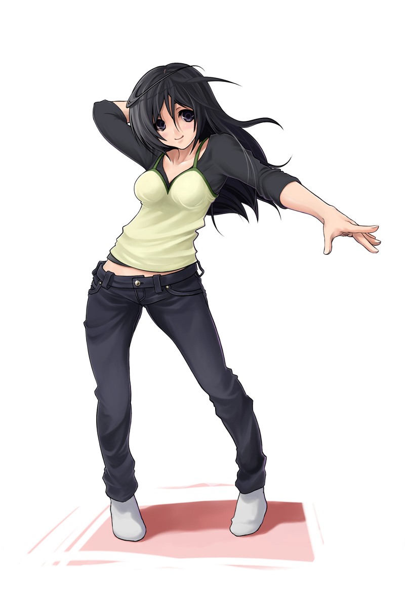1girl, bad_id, bad_pixiv_id, black_eyes, black_hair, denim, female_focus, highres