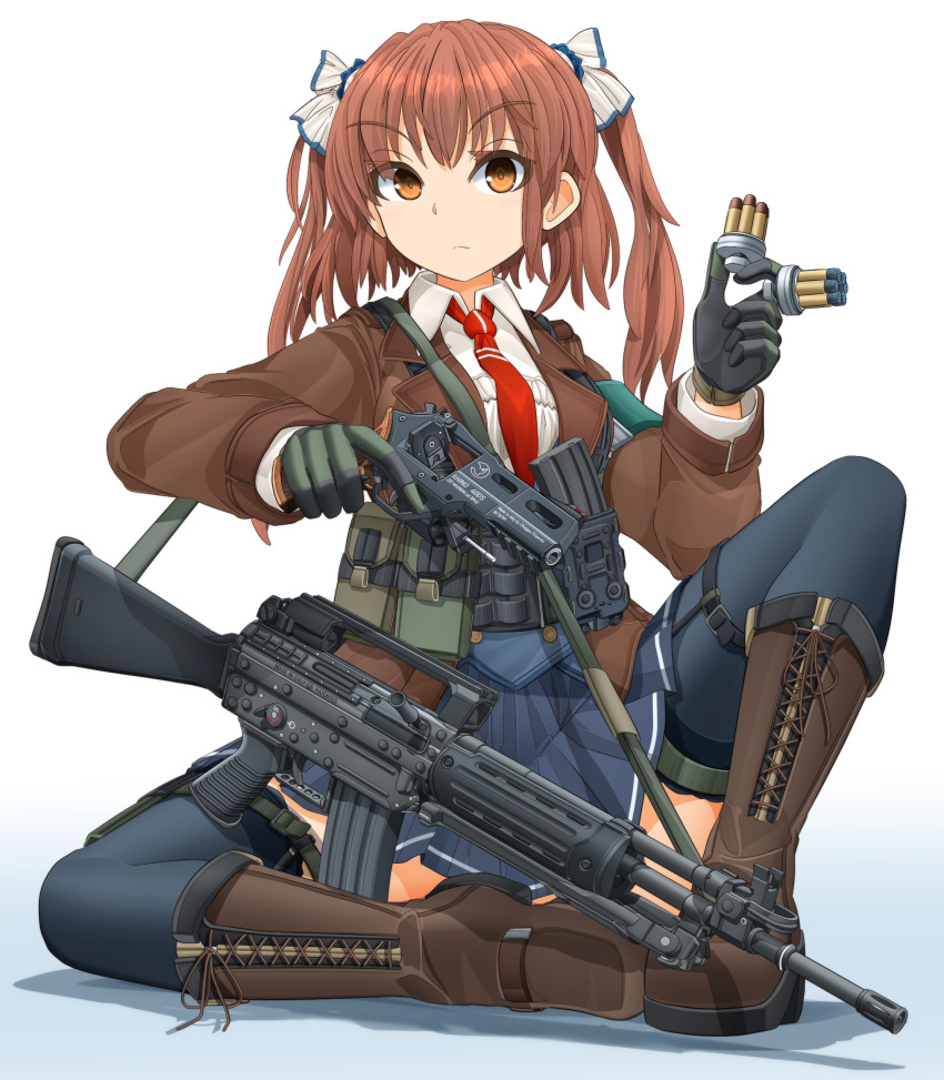 .357_magnum, 1girl, ammunition, assault_rifle, beretta_ar70/90, boots, brown_eyes, brown_hair