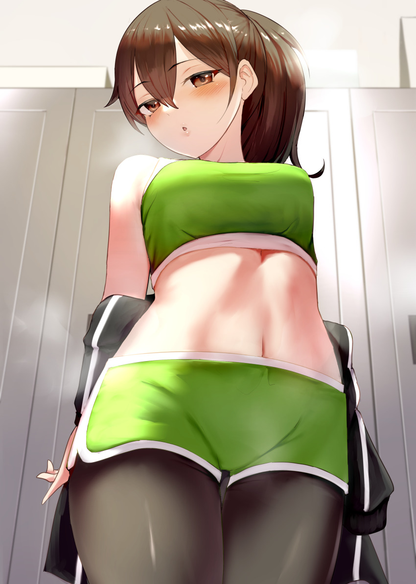 1girl, absurdres, alternate_costume, black_pantyhose, blush, breasts, brown_eyes, brown_hair, cowboy_shot, hair_between_eyes, highres, honmakaina_kudou, kaga_(kancolle), kantai_collection, large_breasts, long_hair, navel, pantyhose, parted_lips, side_ponytail, solo, sports_bra, sportswear