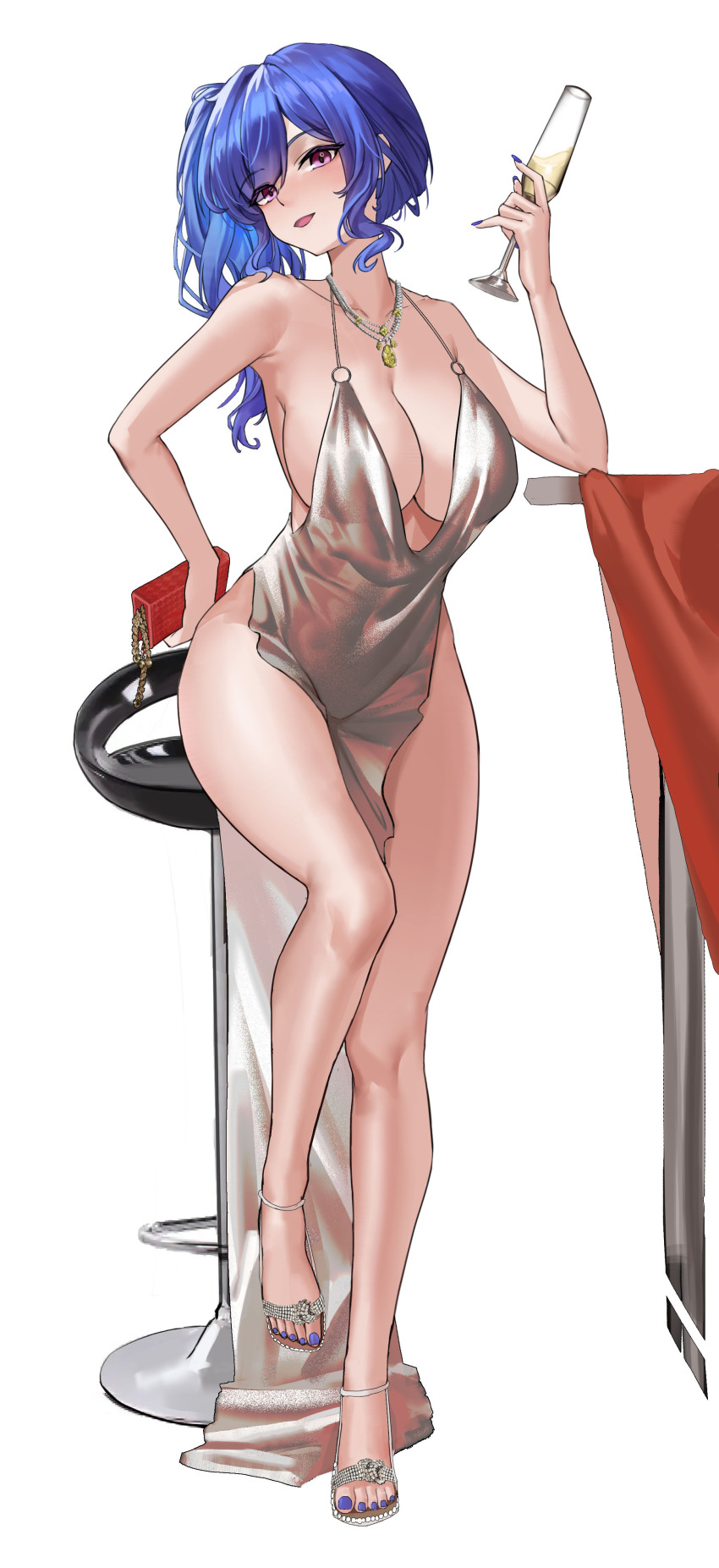 1girl, absurdres, azur_lane, bag, bar_stool, bare_legs, blue_hair, blue_nails, breasts, champagne_flute, cup, dress, drinking_glass, dylanlin, evening_gown, full_body, handbag, high_heel_sandals, high_heels, highres, jewelry, large_breasts, nail_polish, necklace, official_alternate_costume, pelvic_curtain, purple_eyes, sandals, simple_background, st._louis_(azur_lane), st._louis_(luxurious_wheels)_(azur_lane), stool, white_background