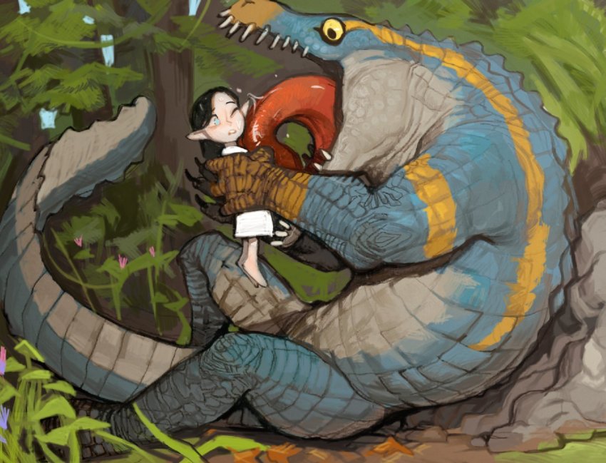 1girl, 1other, barefoot, black_hair, blue_eyes, child, dress, elf, forest, hand_around_waist, holding_person, licking, licking_another's_face, lizardman_(warhammer_fantasy), long_hair, mossacannibalis, nature, outdoors, parted_lips, pointy_ears, smile, warhammer_40k, white_dress, wide-eyed