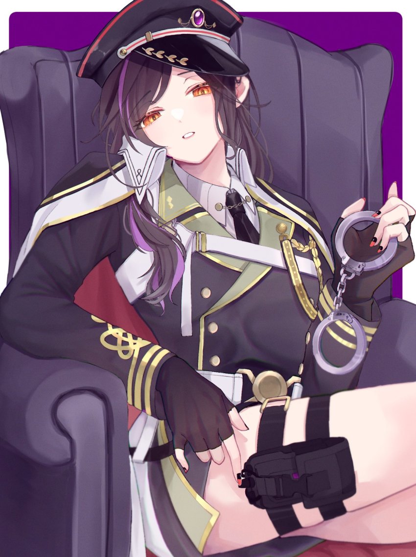 1girl, black_hair, breasts, chair, crossed_legs, cuffs, fingerless_gloves, frozen_ae55