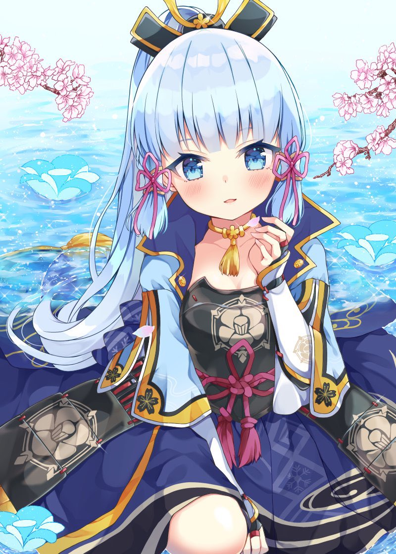 1girl, :d, ayaka_(genshin_impact), blue_eyes, blue_hair, blush, bridal_gauntlets, cherry_blossoms